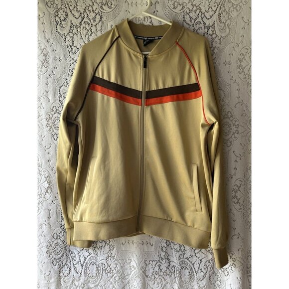 Jian Wang XL Men's 2 Pc Retro Zip Up Pockets Beige Striped Trim Track Suit - Picture 1 of 11